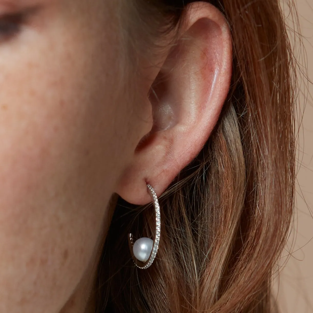 Stella large pave hoop earrings with cultured freshwater pearls