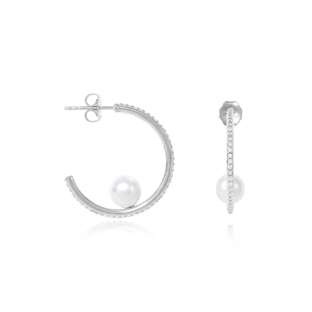 Stella large pave hoop earrings with cultured freshwater pearls