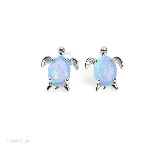 Sterling Silver Blue Created Opal Turtle Post Stud Earrings