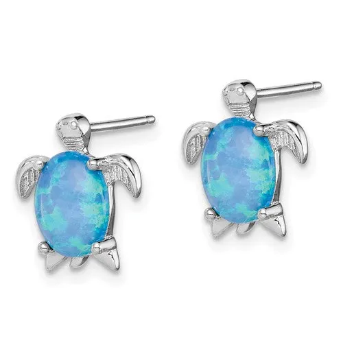 Sterling Silver Blue Created Opal Turtle Post Stud Earrings