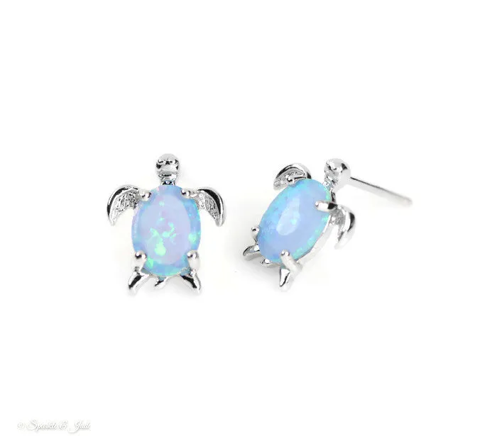 Sterling Silver Blue Created Opal Turtle Post Stud Earrings