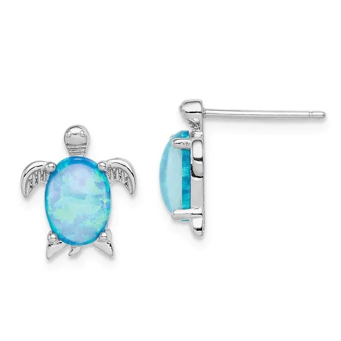 Sterling Silver Blue Created Opal Turtle Post Stud Earrings