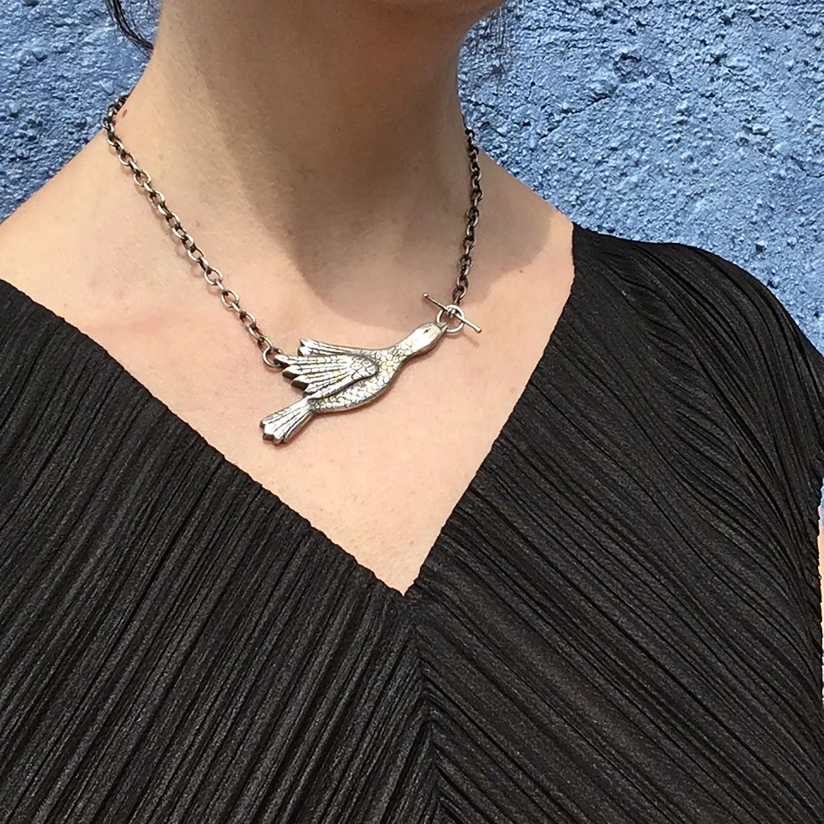 Sterling Silver Hand Carved Goose Necklace Featuring Hand Fabricated Toggle and Textured Cable Chain -- Custom Bridal Statement Necklace