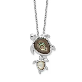 Sterling Silver Mother and Baby Paua Abalone And Mother of Pearl Turtle 18" Necklace