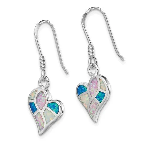 Sterling Silver Pink, Blue and White Rainbow Created Opal Heart Dangle Earrings