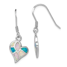 Sterling Silver Pink, Blue and White Rainbow Created Opal Heart Dangle Earrings