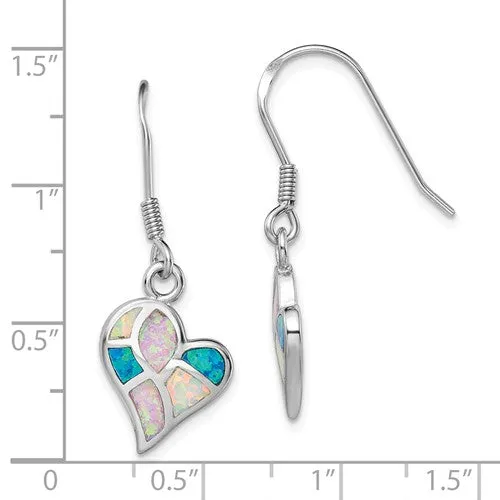 Sterling Silver Pink, Blue and White Rainbow Created Opal Heart Dangle Earrings