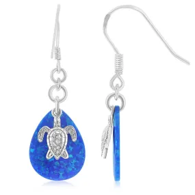 Sterling Silver Turtle and Created Opal Teardrop Earrings (93201)