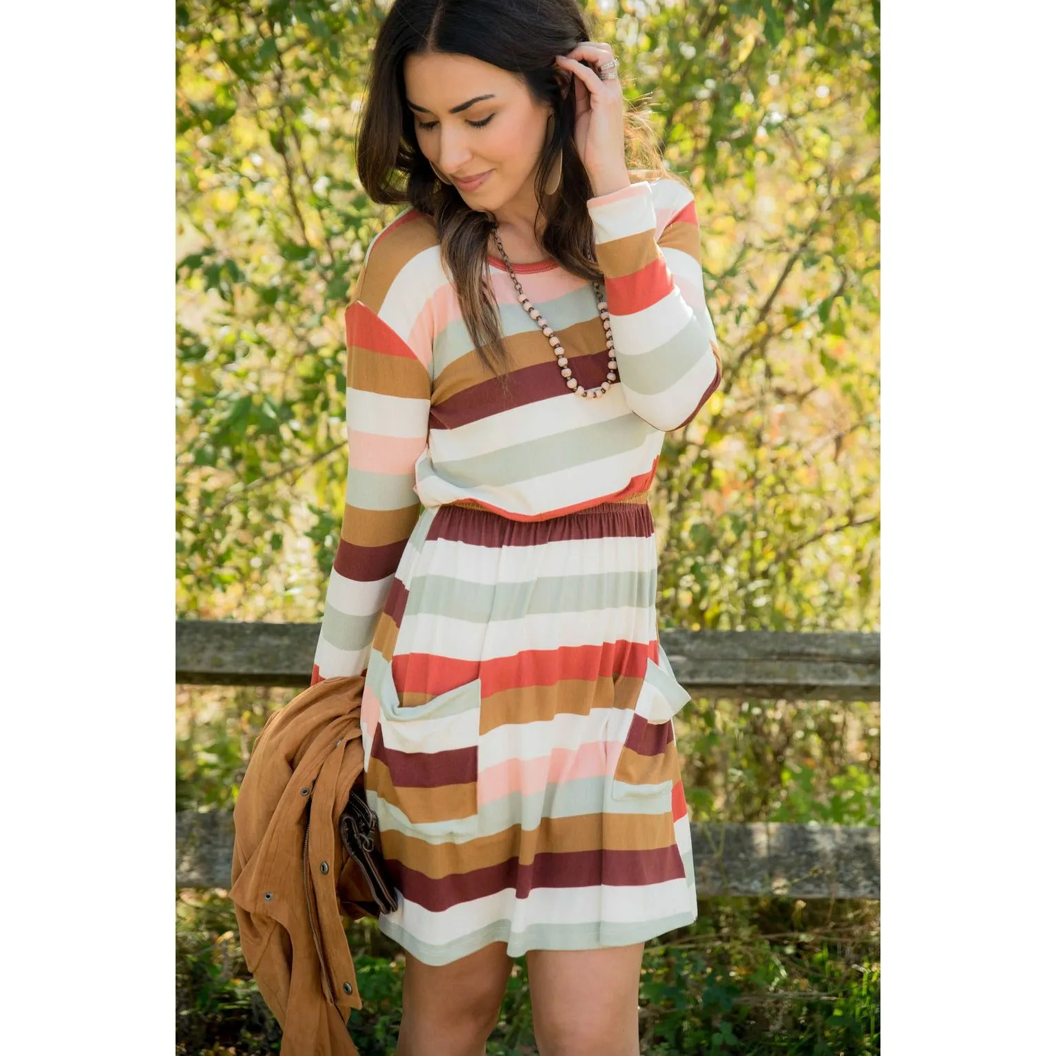 Striped Pocket Long Sleeve Dress