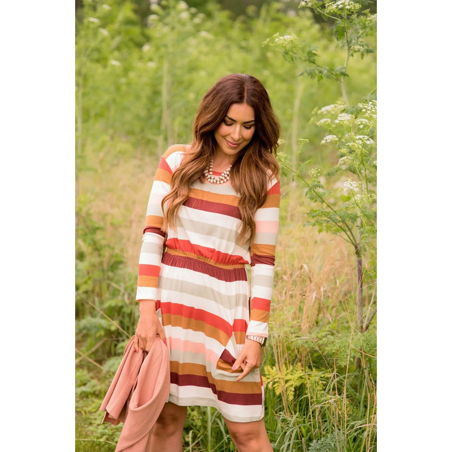 Striped Pocket Long Sleeve Dress