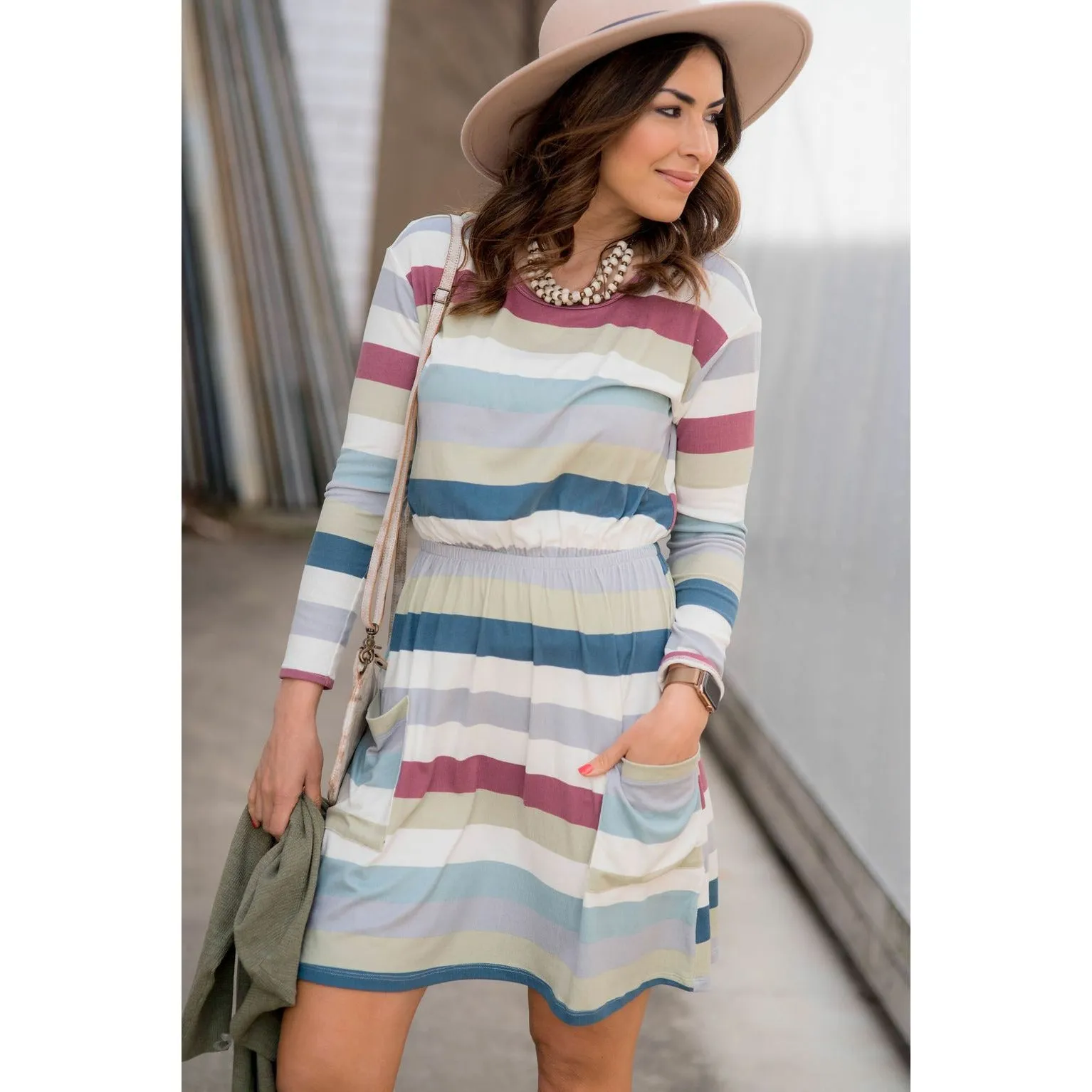 Striped Pocket Long Sleeve Dress