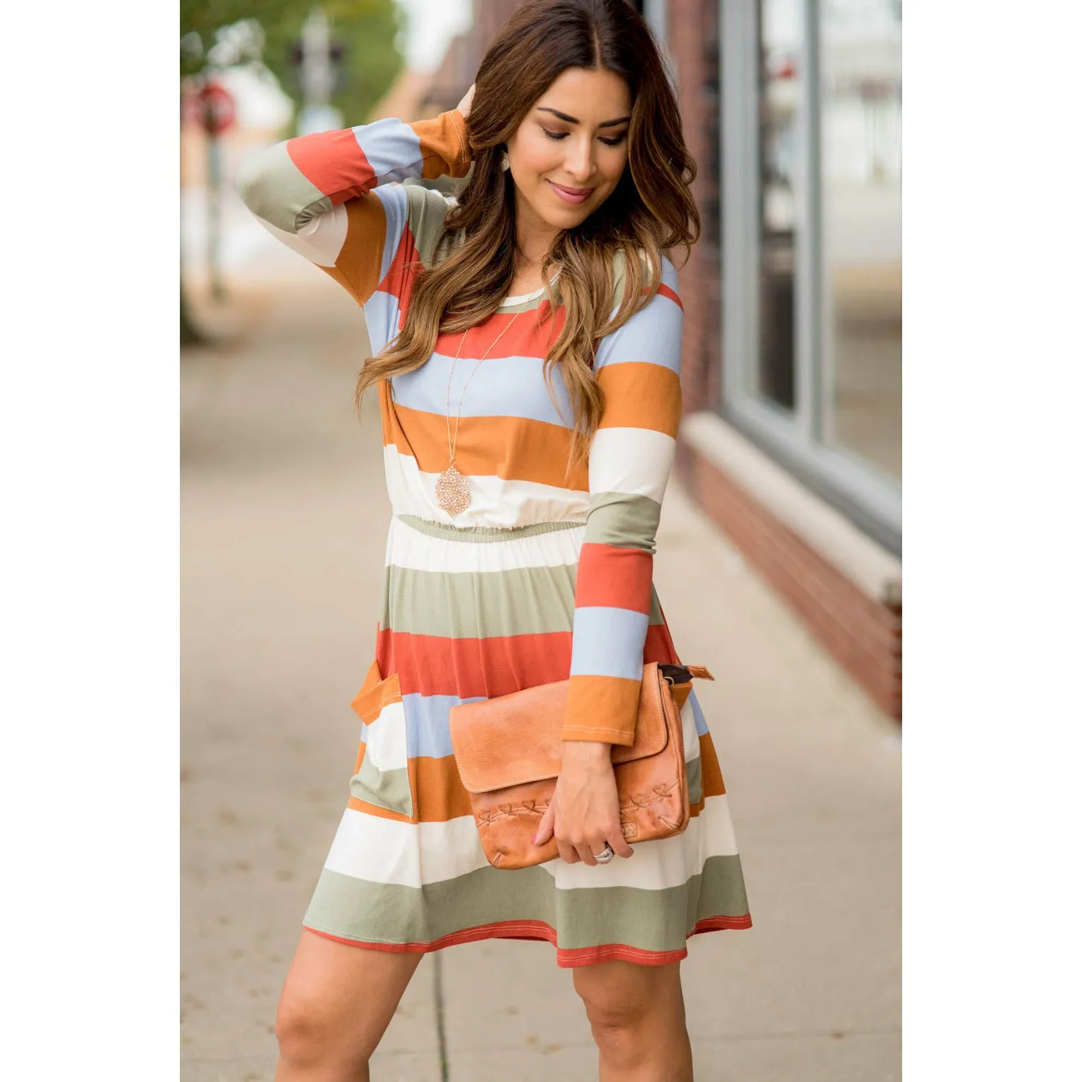 Striped Pocket Long Sleeve Dress