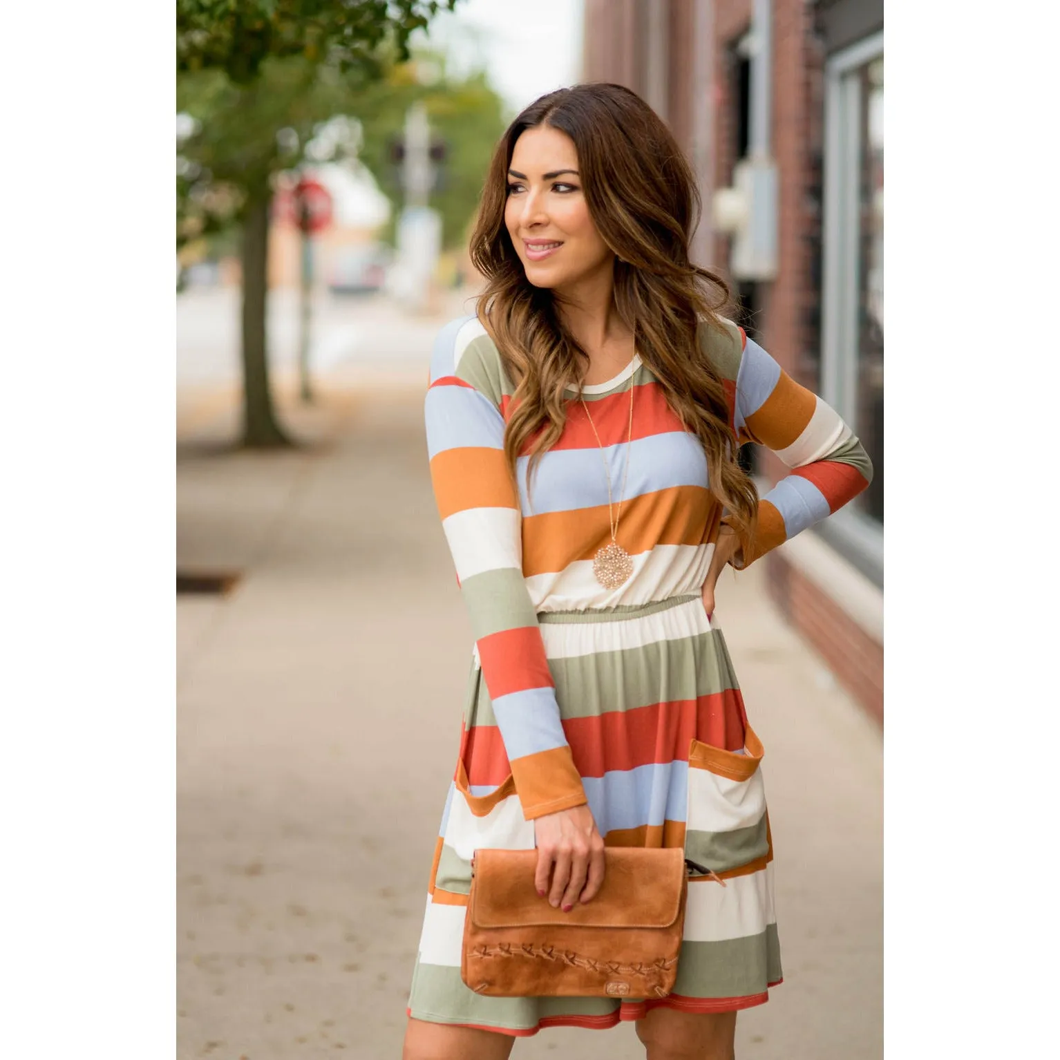 Striped Pocket Long Sleeve Dress