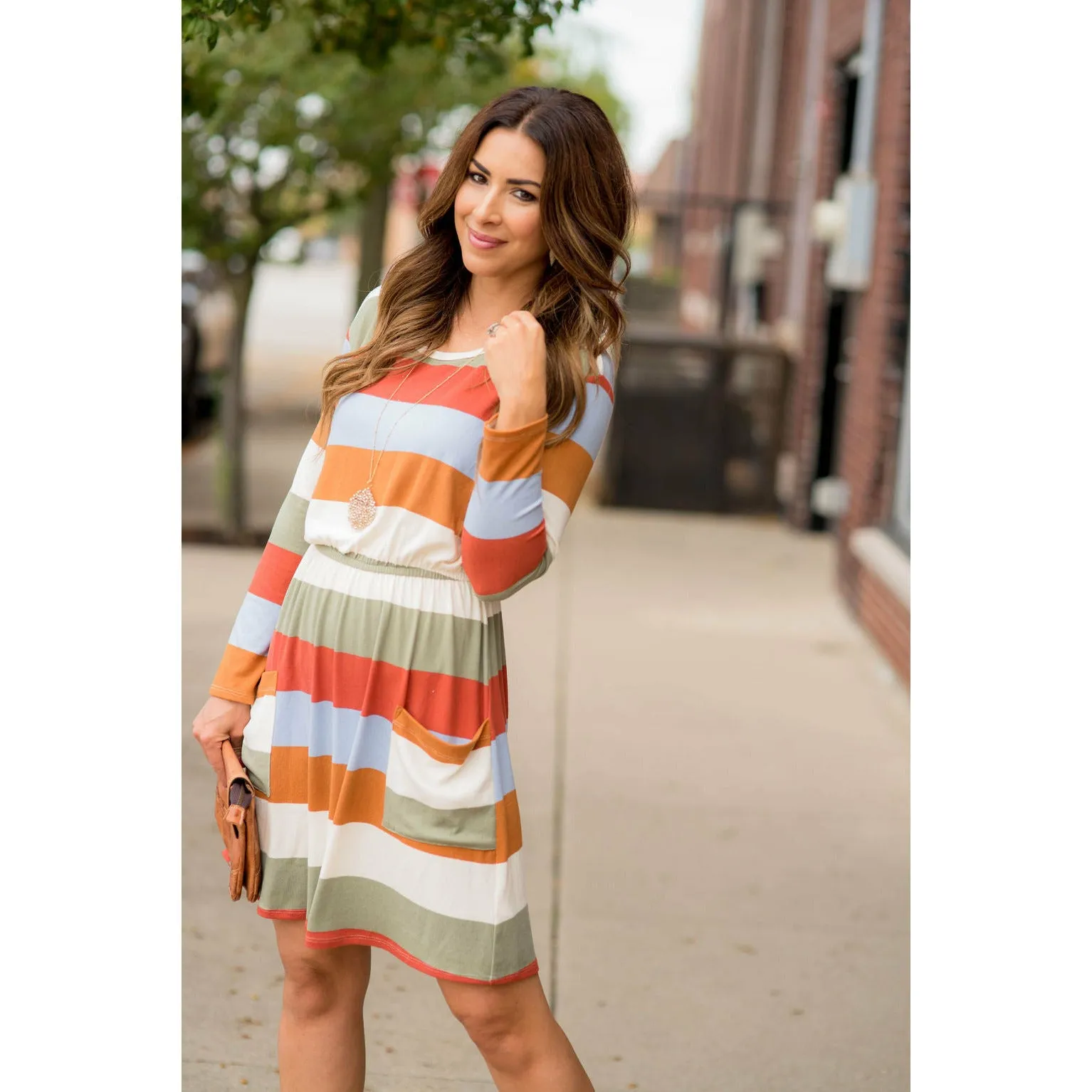 Striped Pocket Long Sleeve Dress