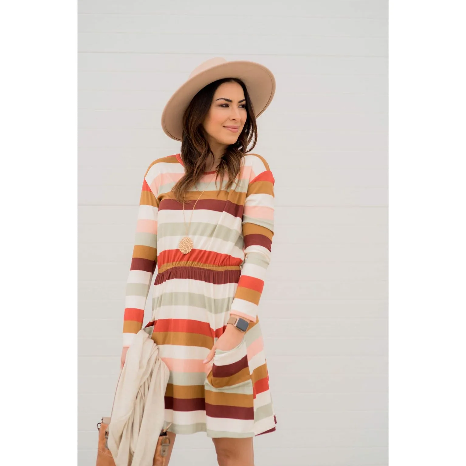 Striped Pocket Long Sleeve Dress