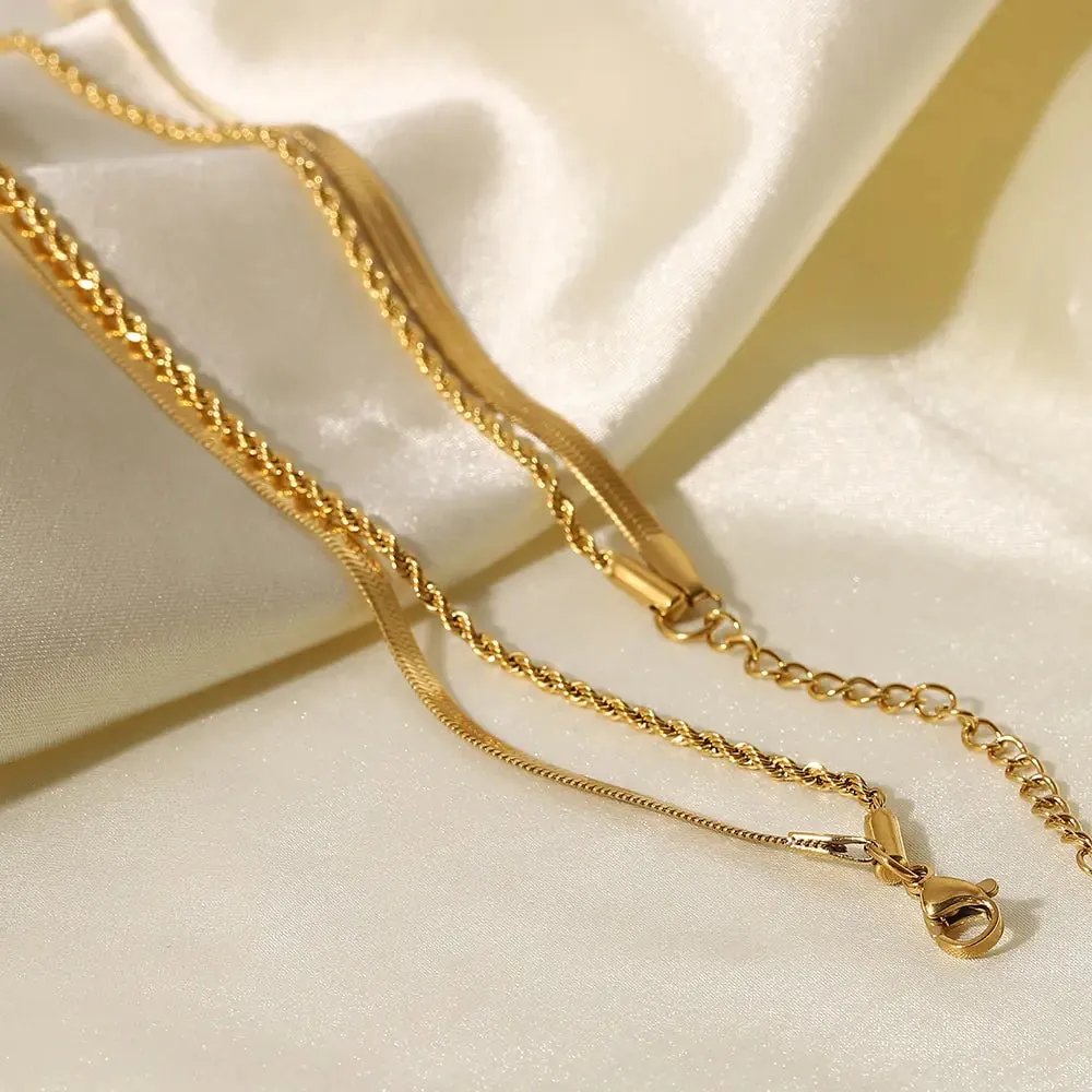 Timeless Elegant 18K Gold Plated Flat Snake Chain Layer Necklace