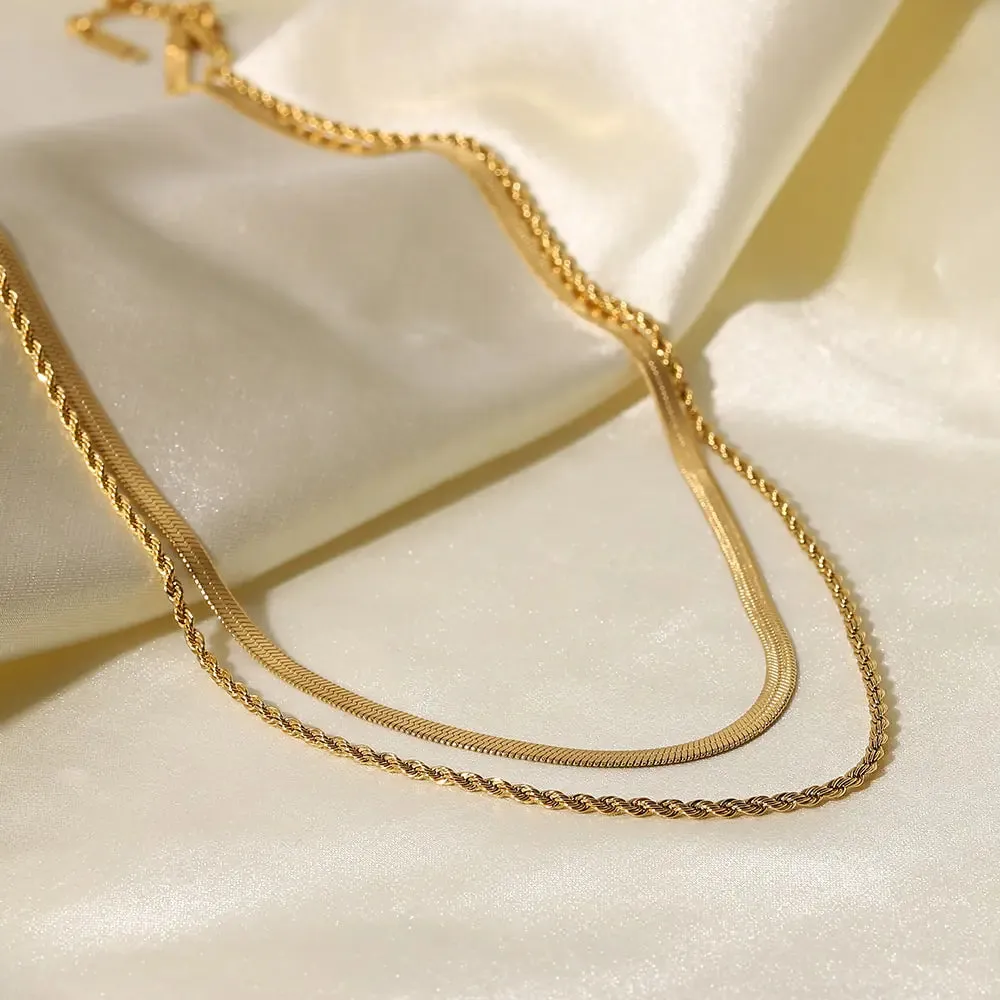 Timeless Elegant 18K Gold Plated Flat Snake Chain Layer Necklace