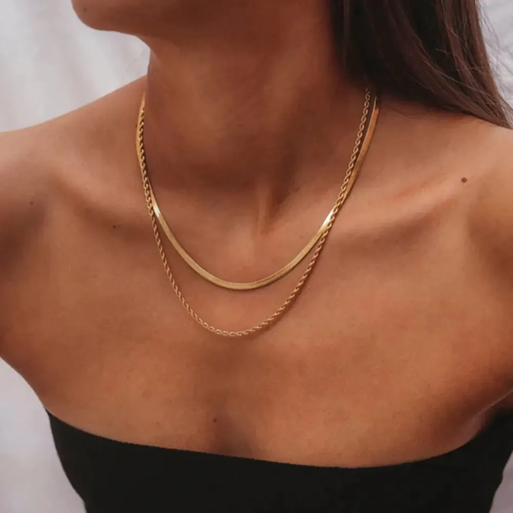 Timeless Elegant 18K Gold Plated Flat Snake Chain Layer Necklace