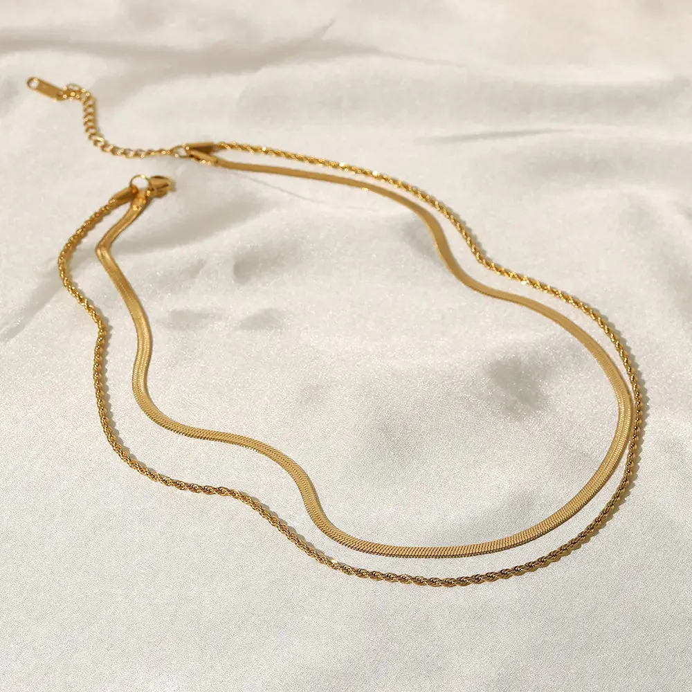 Timeless Elegant 18K Gold Plated Flat Snake Chain Layer Necklace