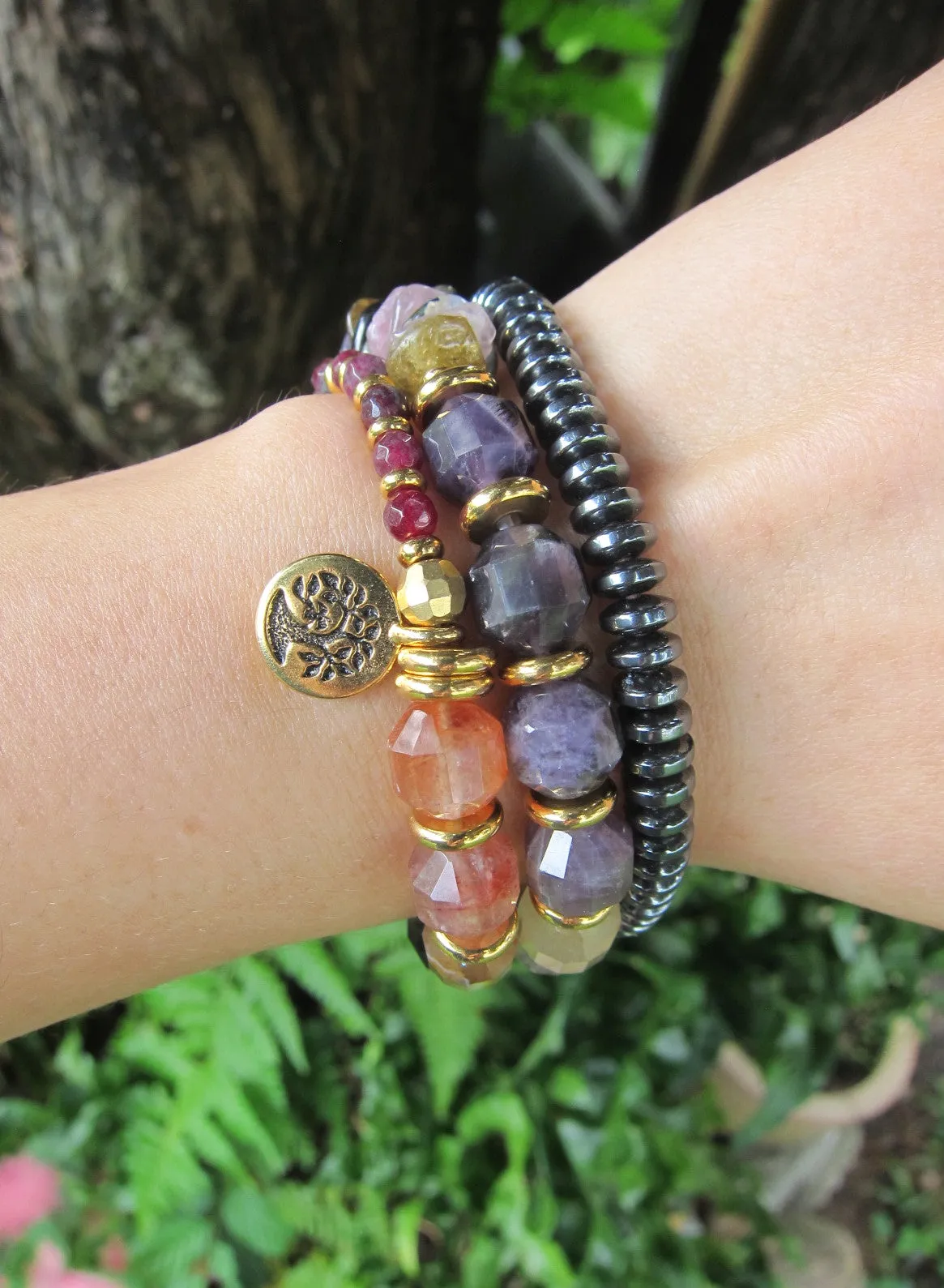 Tourmaline Rainbow Mala Bracelet in stainless gold findings