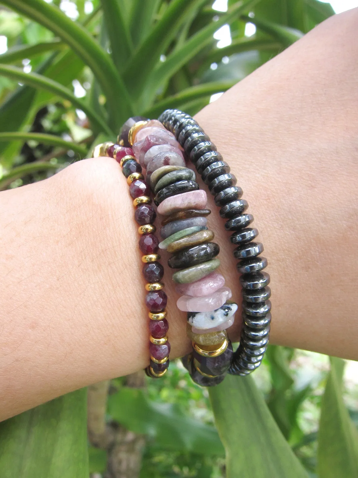 Tourmaline Rainbow Mala Bracelet in stainless gold findings