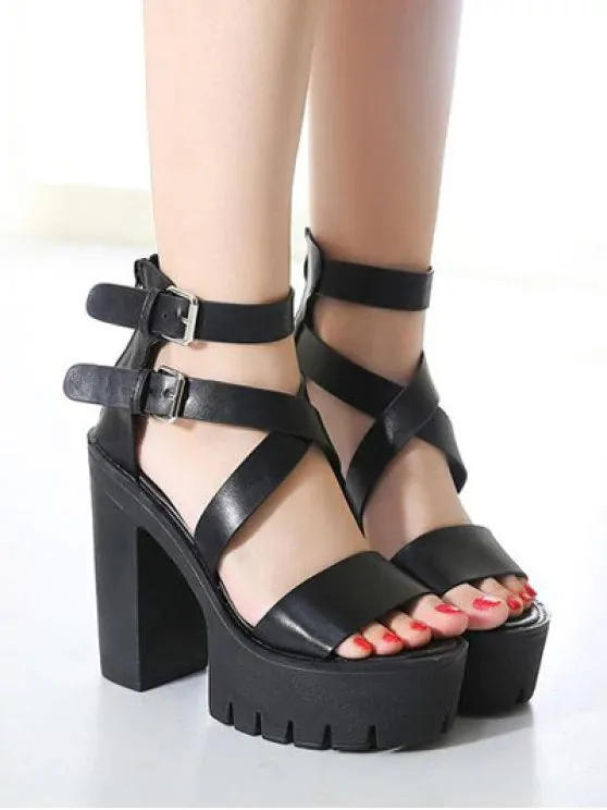 Trendy Zipper Double Belt Buckle Cross Strap Sandals