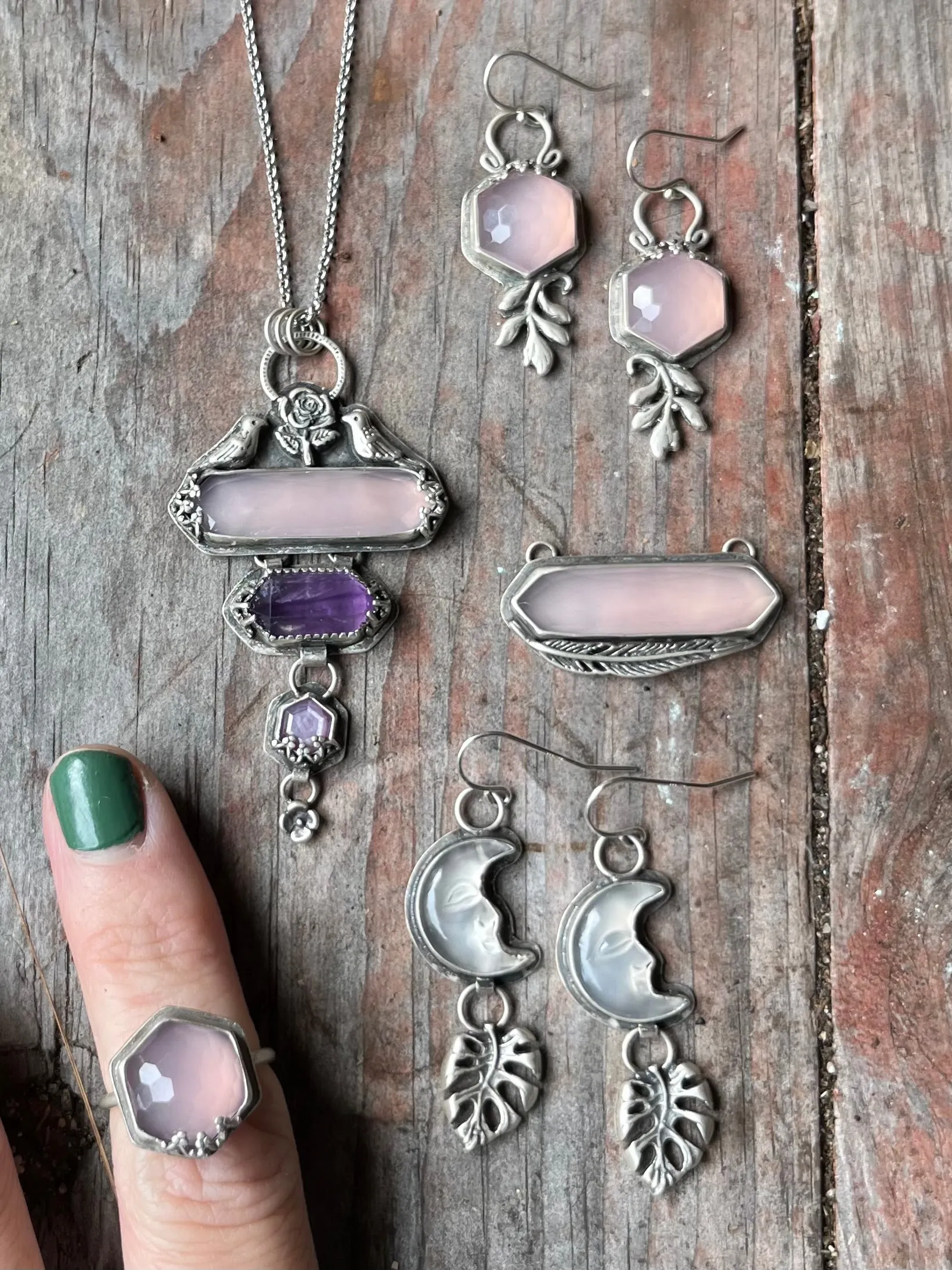 Triple Hex Necklace with Chalcedony, Amethyst, Sapphire, Birds and Flowers