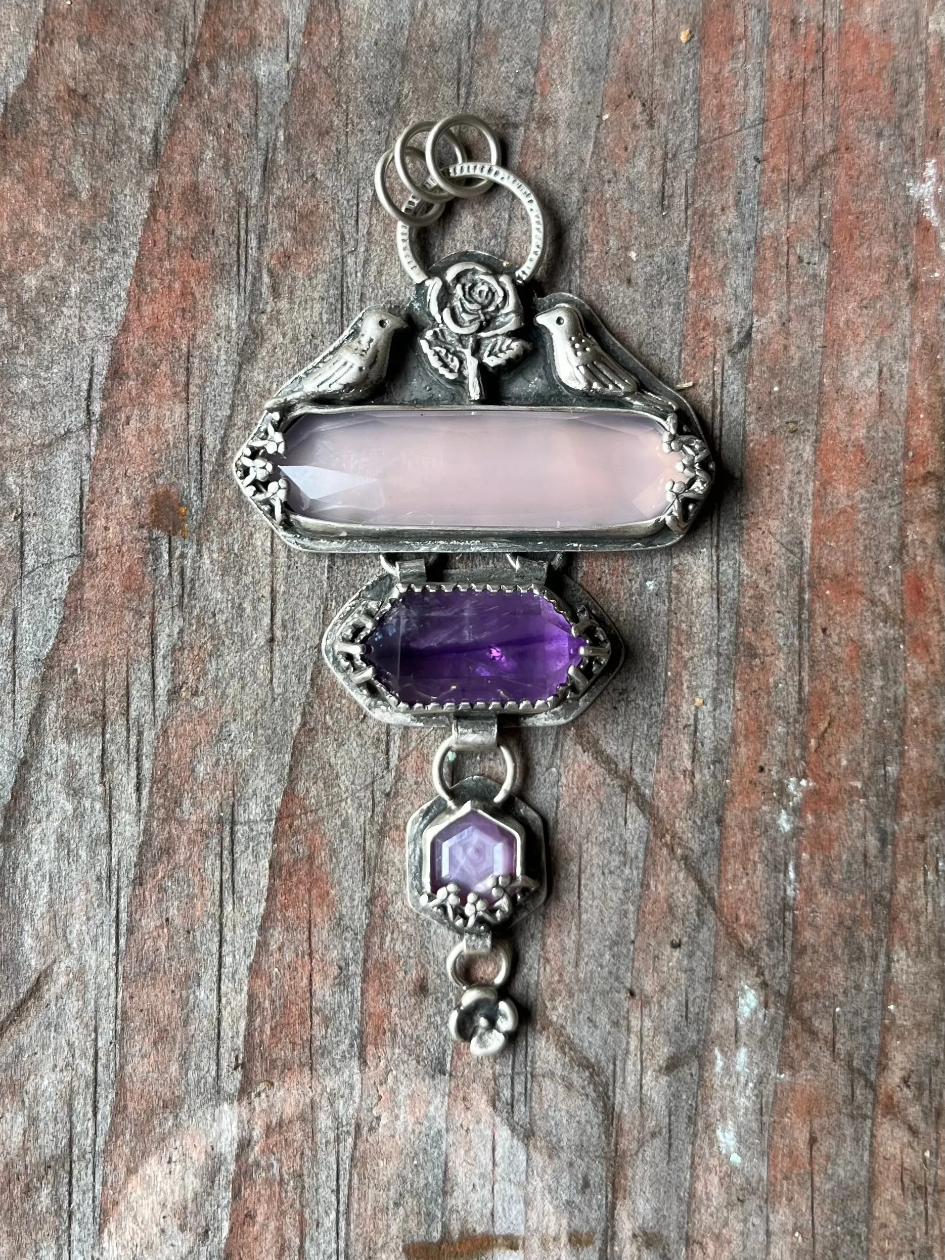 Triple Hex Necklace with Chalcedony, Amethyst, Sapphire, Birds and Flowers