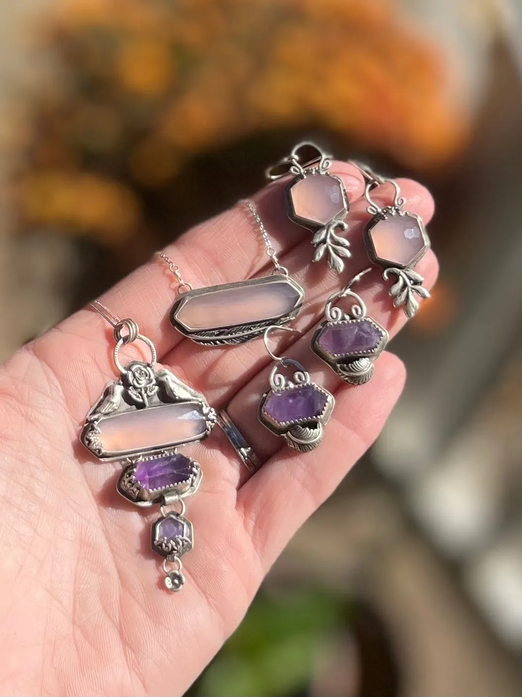 Triple Hex Necklace with Chalcedony, Amethyst, Sapphire, Birds and Flowers