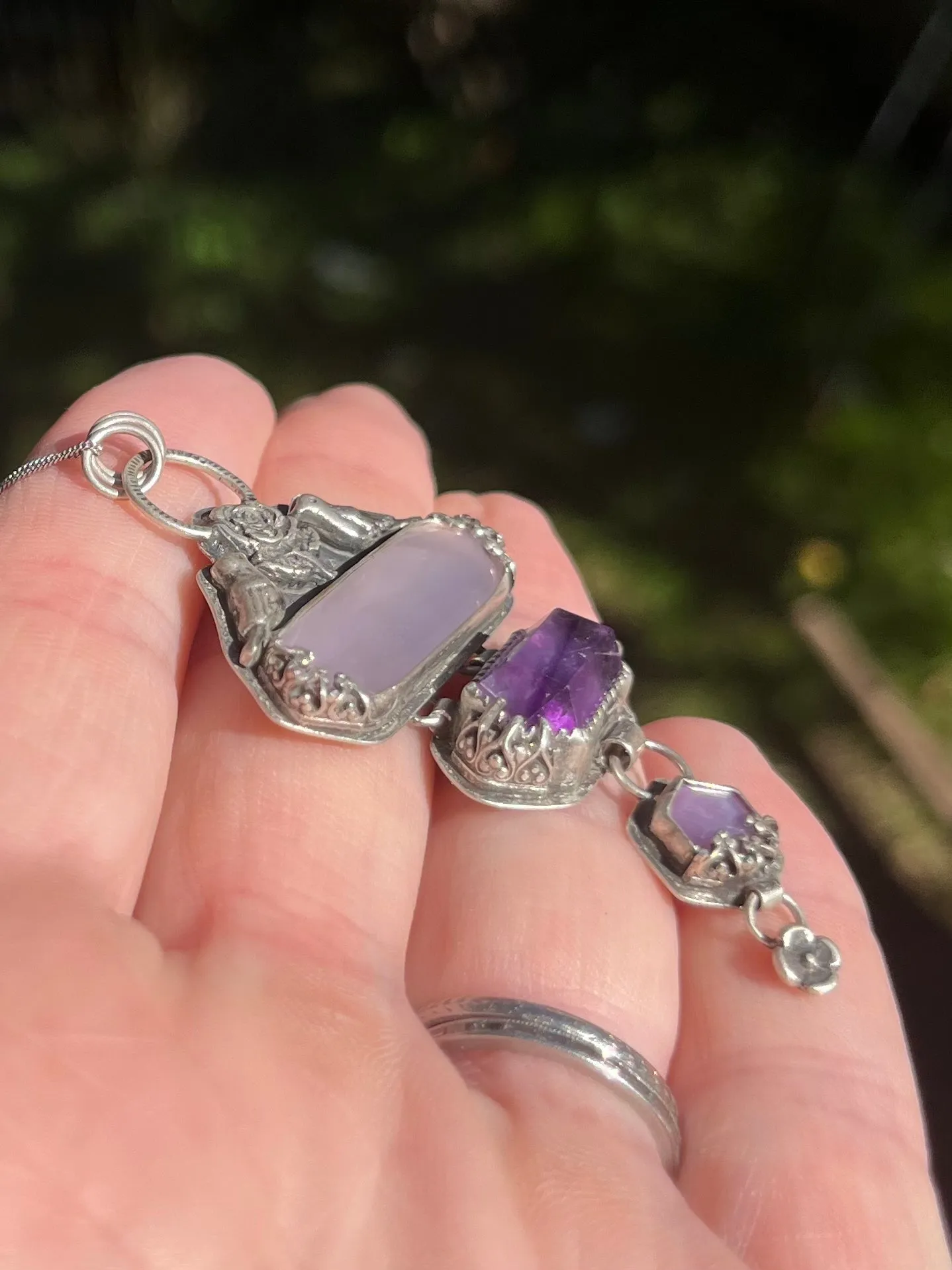 Triple Hex Necklace with Chalcedony, Amethyst, Sapphire, Birds and Flowers