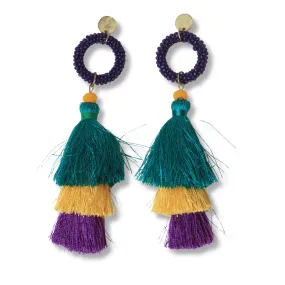 Triple-Tiered Tassel Mardi Gras Earrings with Beaded Hoop