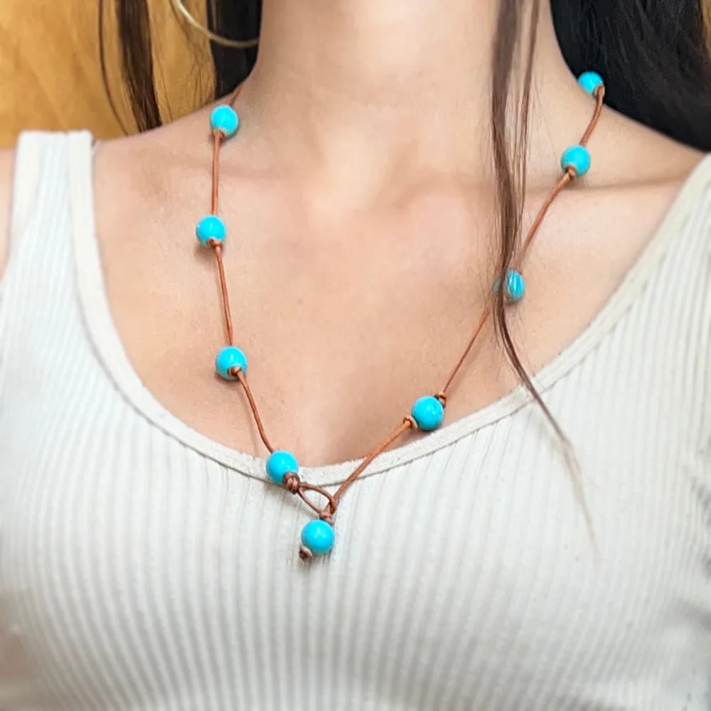 Turquoise Bead & Leather Necklace - "Lasso"