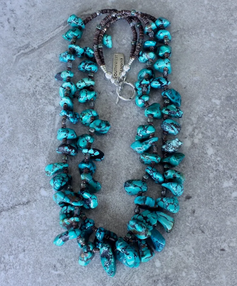 Turquoise Chunky Petal 2-Strand Necklace with Olive Shell Heishi, Czech Glass and Sterling Silver