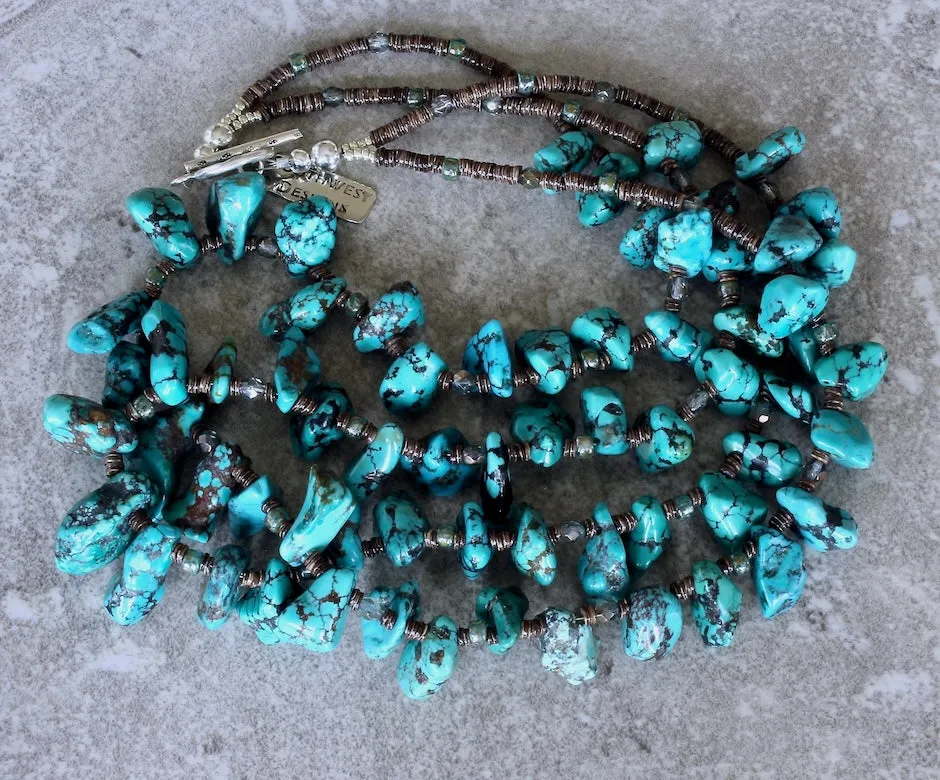 Turquoise Chunky Petal 2-Strand Necklace with Olive Shell Heishi, Czech Glass and Sterling Silver