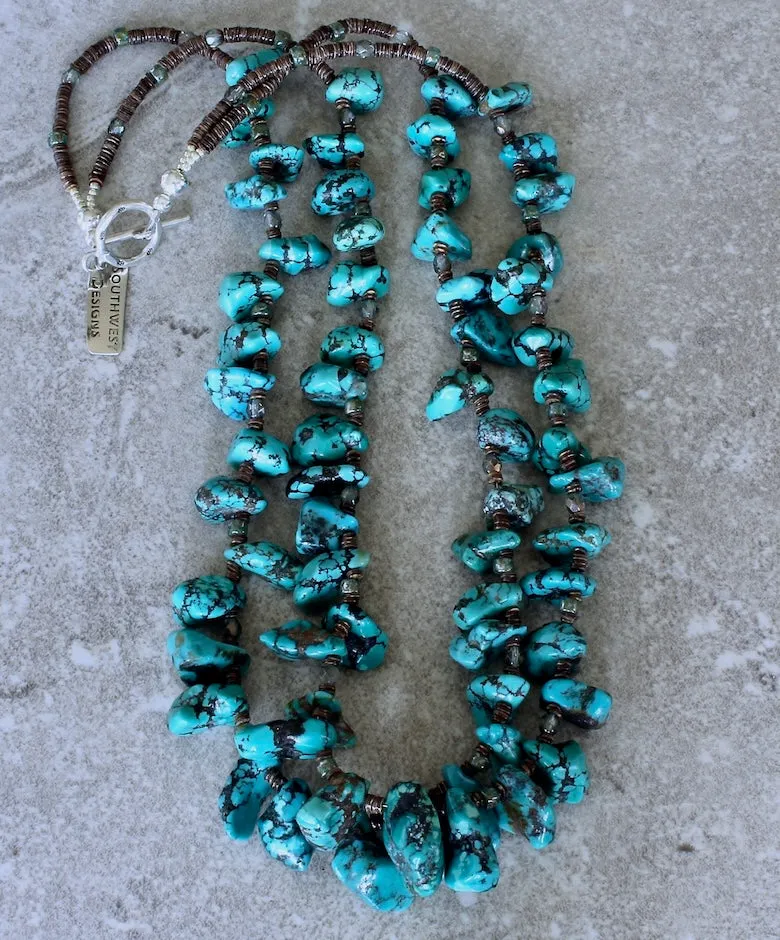 Turquoise Chunky Petal 2-Strand Necklace with Olive Shell Heishi, Czech Glass and Sterling Silver