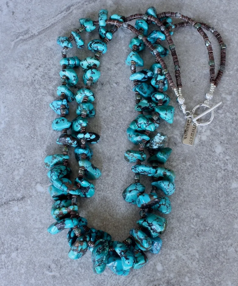 Turquoise Chunky Petal 2-Strand Necklace with Olive Shell Heishi, Czech Glass and Sterling Silver