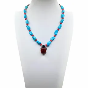 Turquoise, Coral, Heishi Shell, and Jasper Turtle Necklace