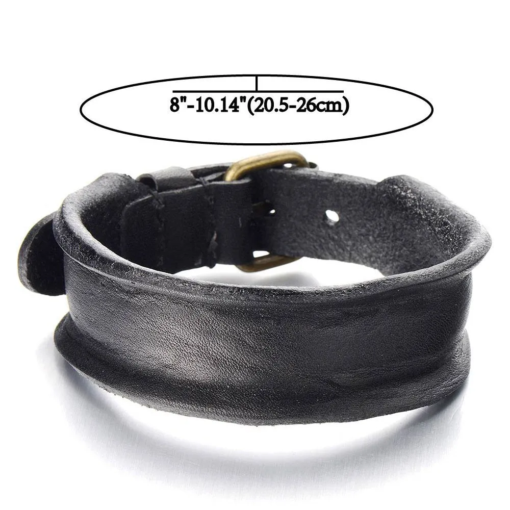 Unique Leather Bracelet for Mens Genuine Black Leather Bangle with Buckle Clasp