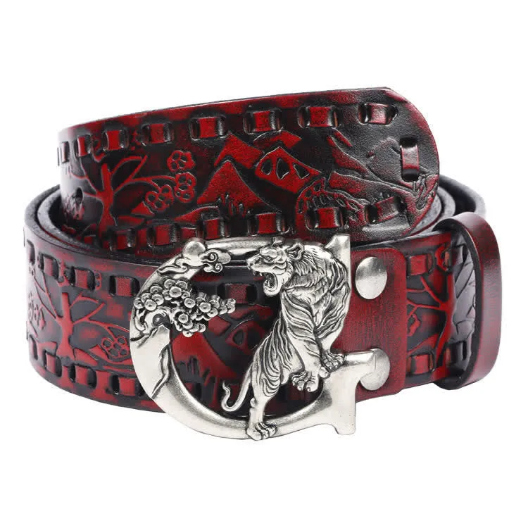 Unisex Retro Tigers Engraved Buckle Leather Belt