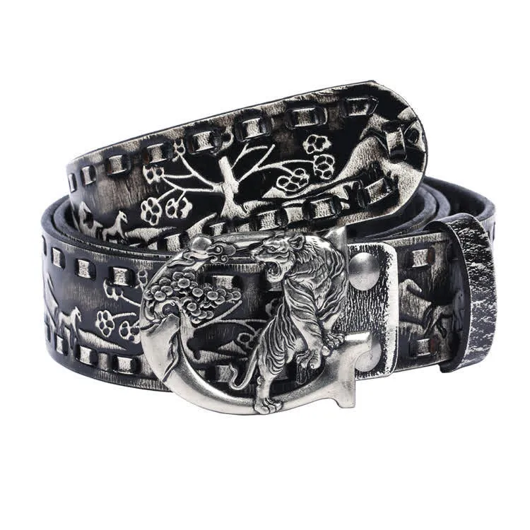 Unisex Retro Tigers Engraved Buckle Leather Belt