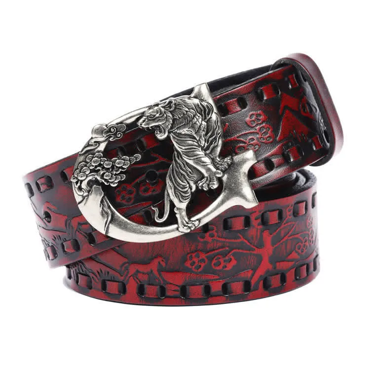 Unisex Retro Tigers Engraved Buckle Leather Belt