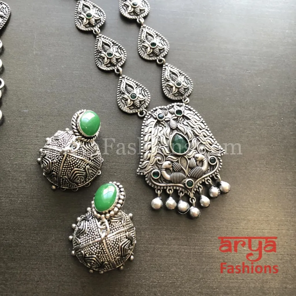 Vidhi Green Stone Pendant Necklace/ Silver Oxidized Tribal Necklace