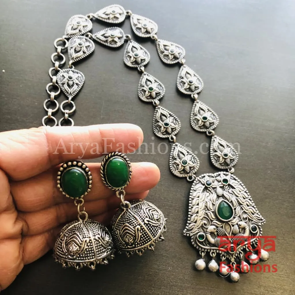 Vidhi Green Stone Pendant Necklace/ Silver Oxidized Tribal Necklace