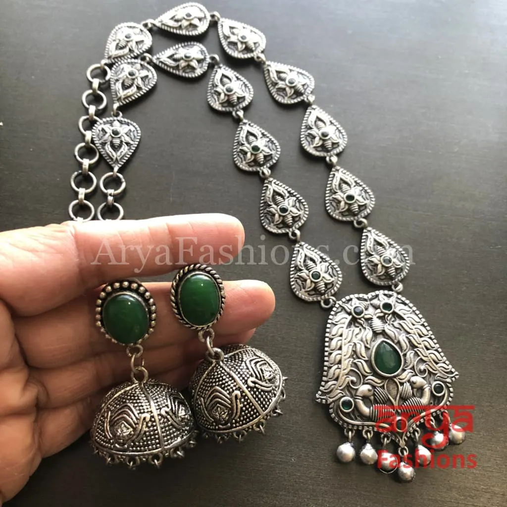 Vidhi Green Stone Pendant Necklace/ Silver Oxidized Tribal Necklace