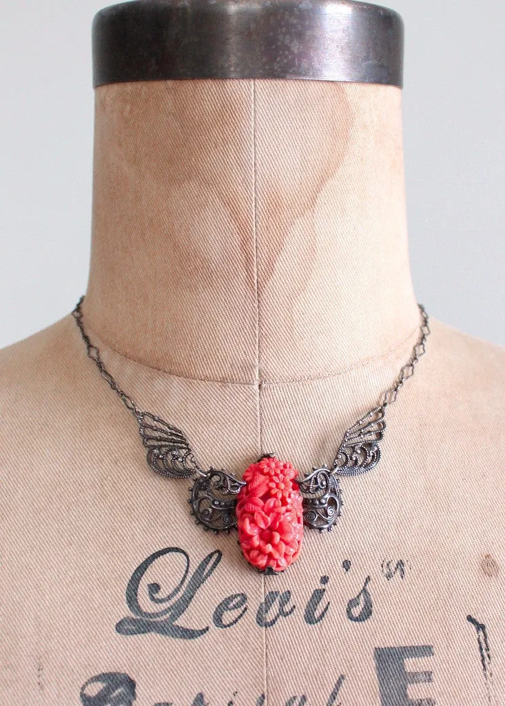 Vintage 1930s Floral Celluloid and Filigree Silver Necklace