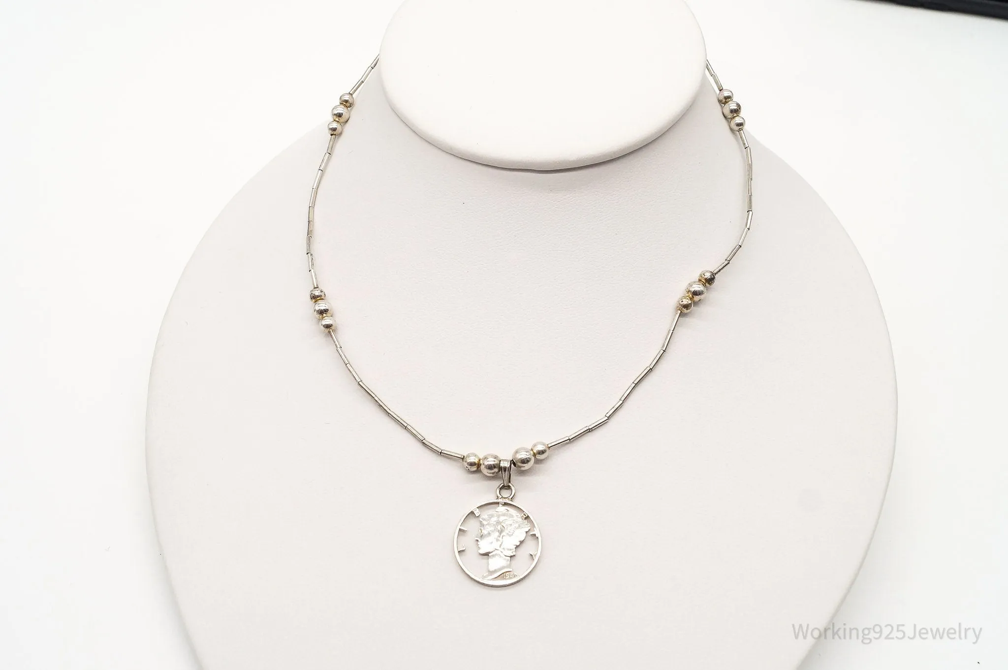 Vintage 1941 Mercury Dime Coin Cut Out Pendant Silver Necklace