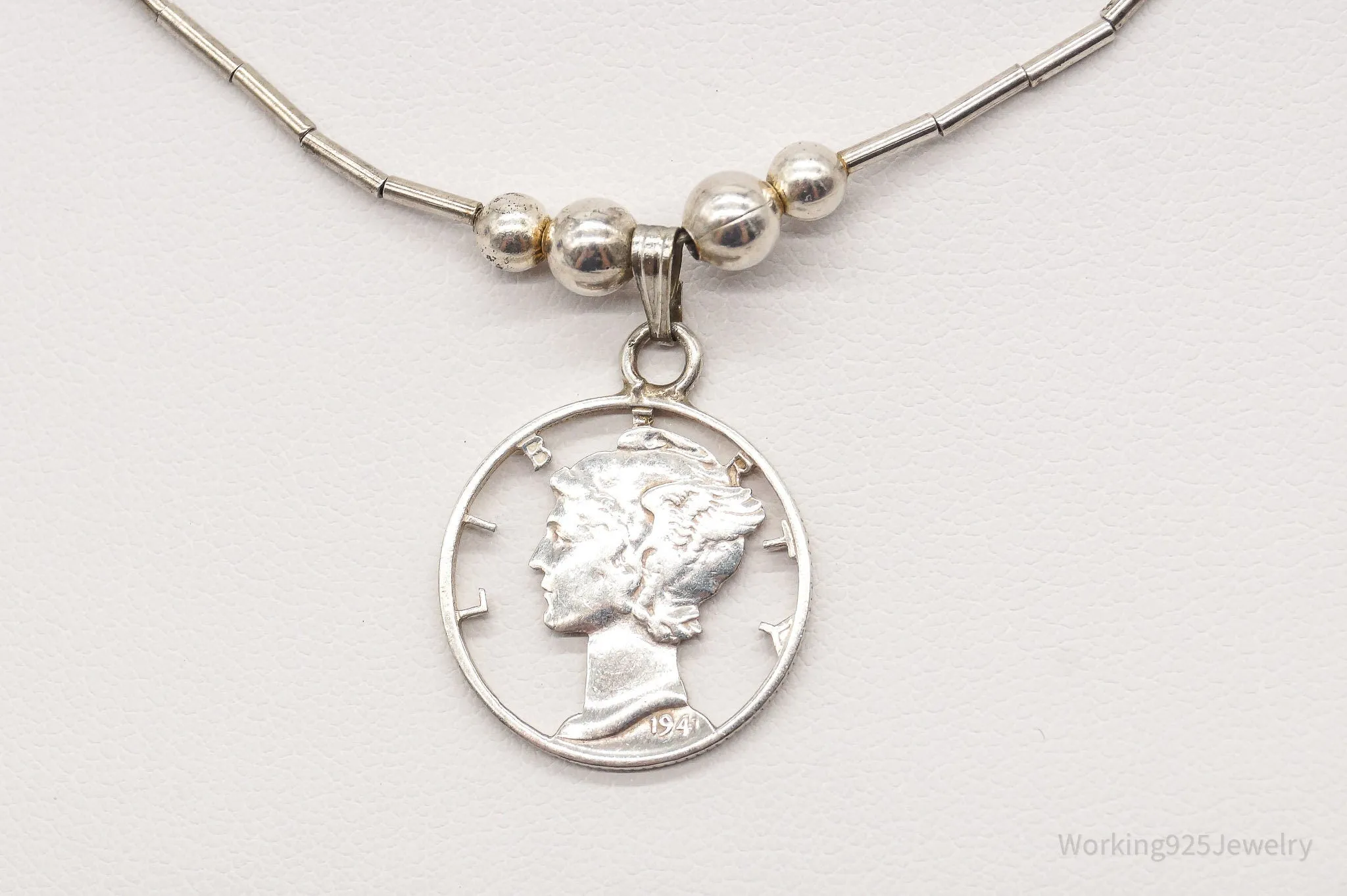 Vintage 1941 Mercury Dime Coin Cut Out Pendant Silver Necklace