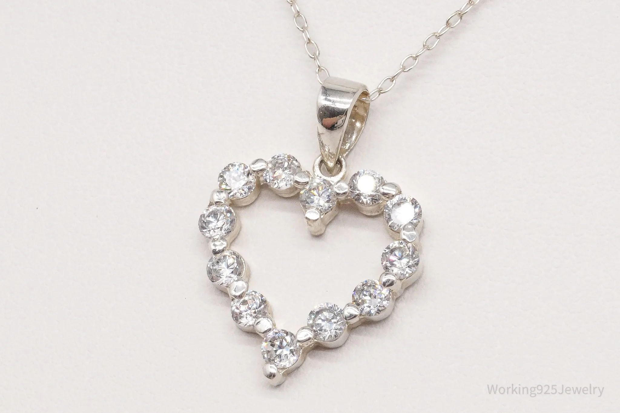 Vintage Cubic Zirconia Heart Sterling Silver Necklace 18"