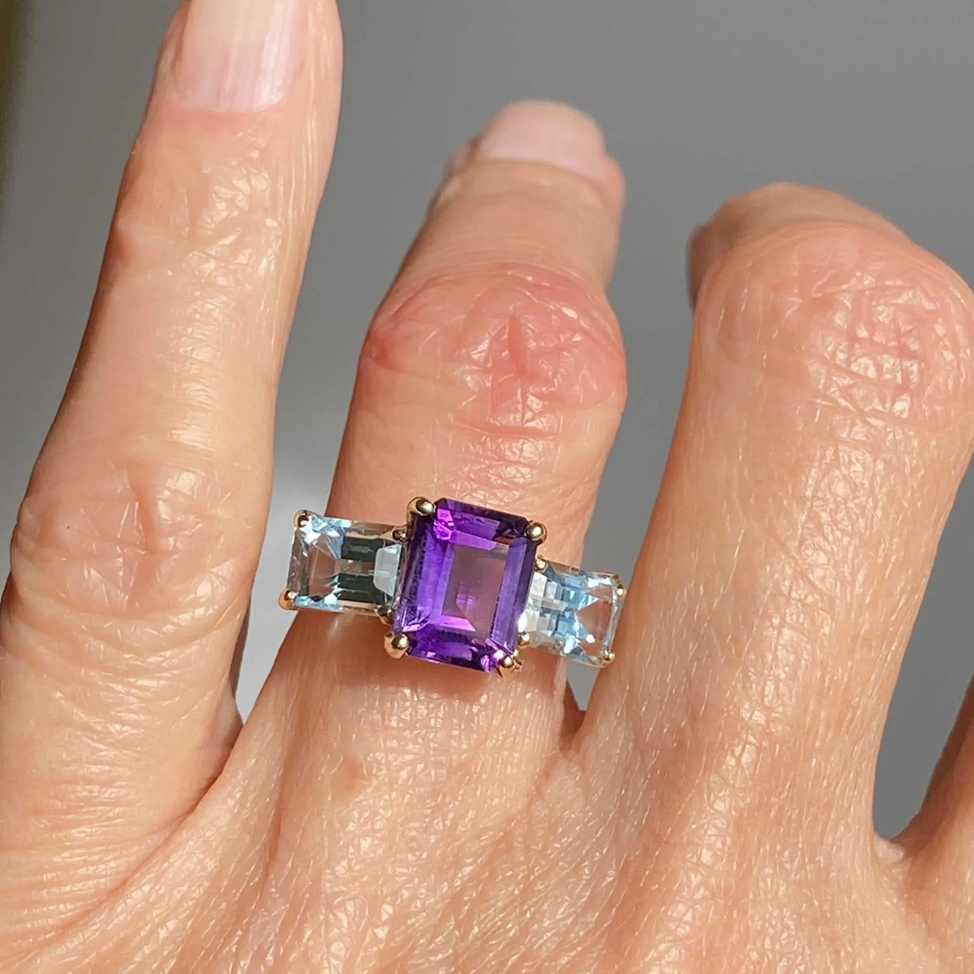 Vintage Emerald Cut Blue Topaz Amethyst Ring in 14K Gold