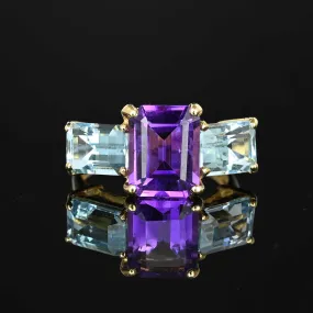 Vintage Emerald Cut Blue Topaz Amethyst Ring in 14K Gold